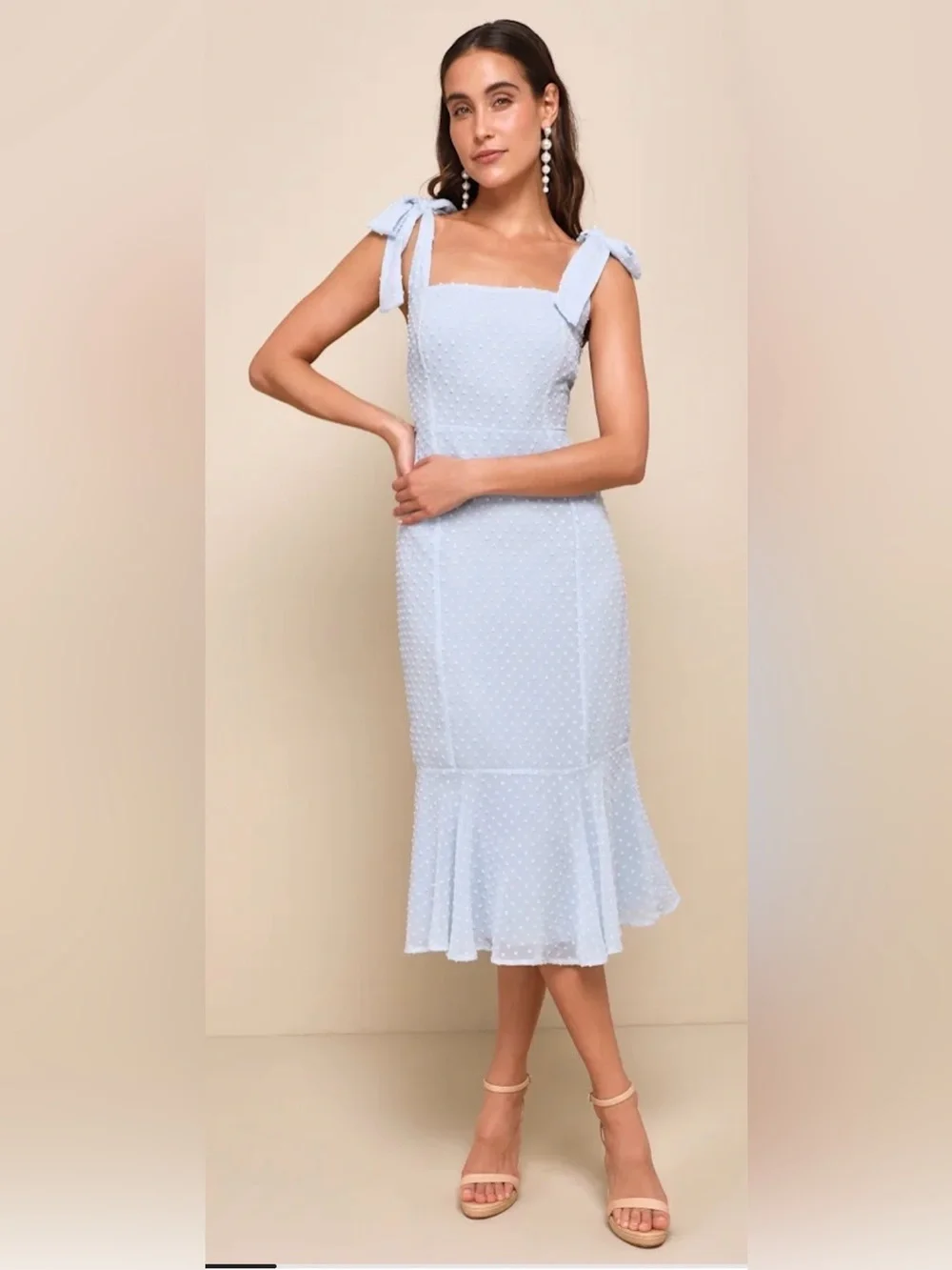 Lulus Bimini Periwinkle Blue Swiss Dot Tie-Strap Midi Dresses